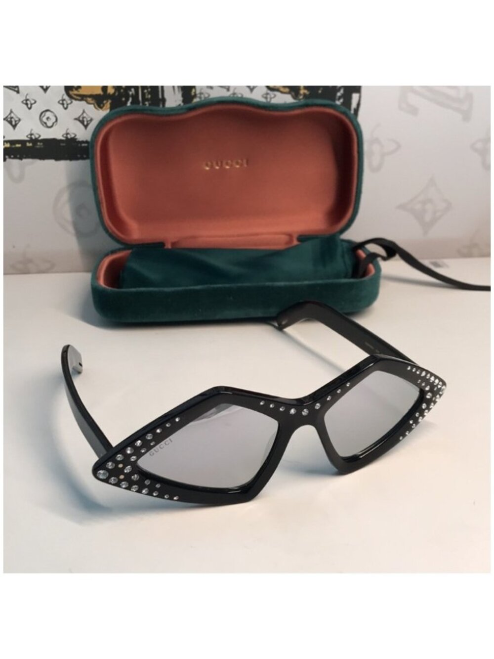 Gucci GG0496s Black Rhinestone Sunglasses 004 New